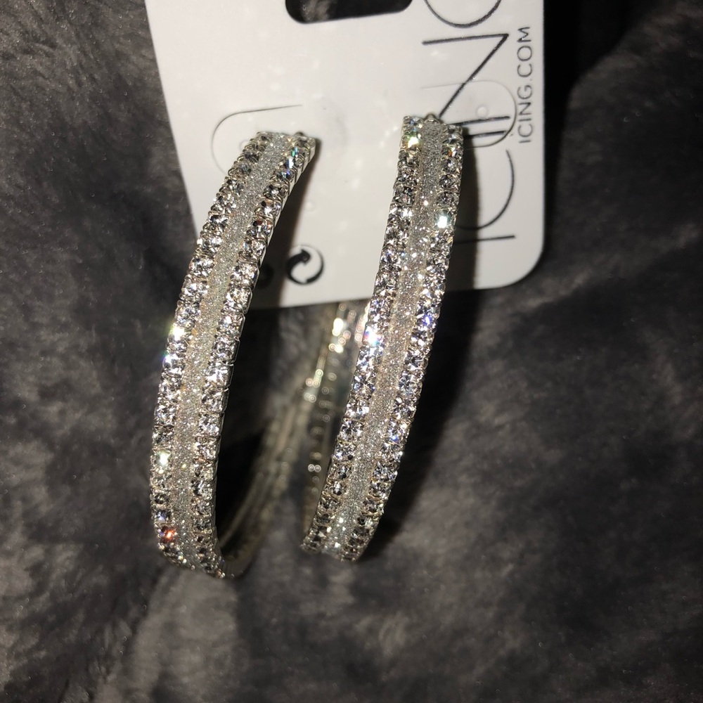 Icing Thick Silver Rhinestone Hoops - Picture 2 of 3